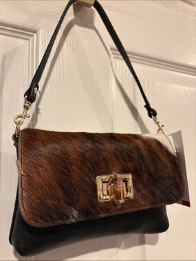 BNWT ISADORA Brown Haircalf and Black Leather Mini Shoulder Bag